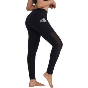 🆕Women’s Black Polyester Mesh Yoga Pants with Pockets Gym Workout Running